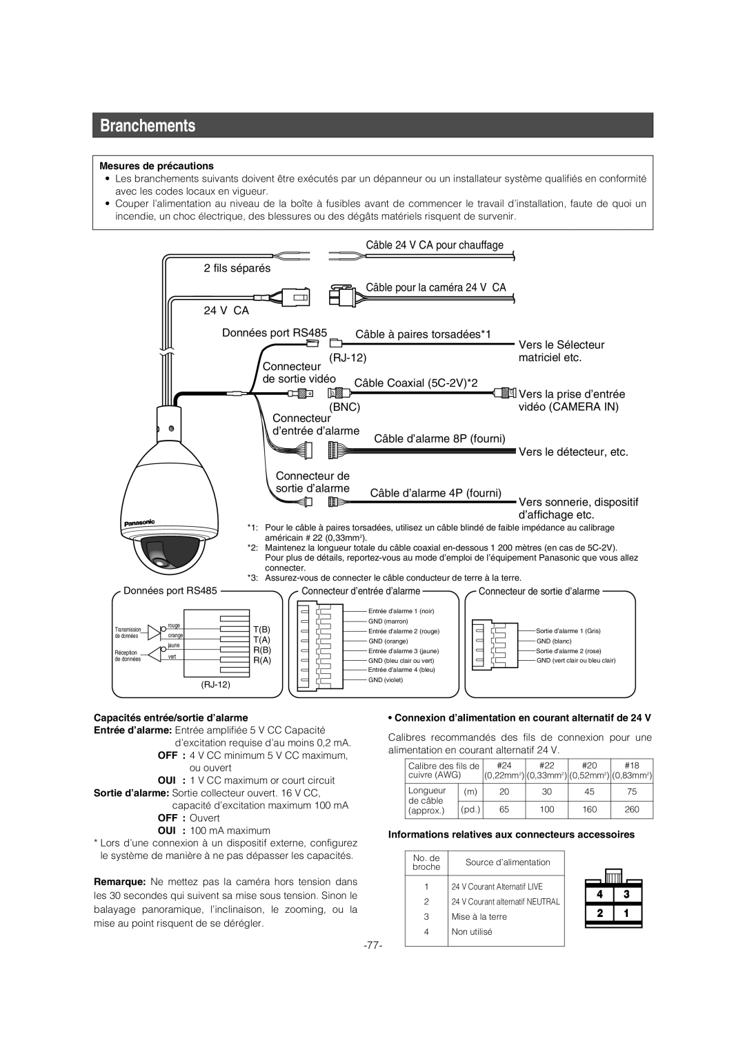 Panasonic WV-CW974 operating instructions Branchements, Mesures de précautions, Capacités entrée/sortie d’alarme 