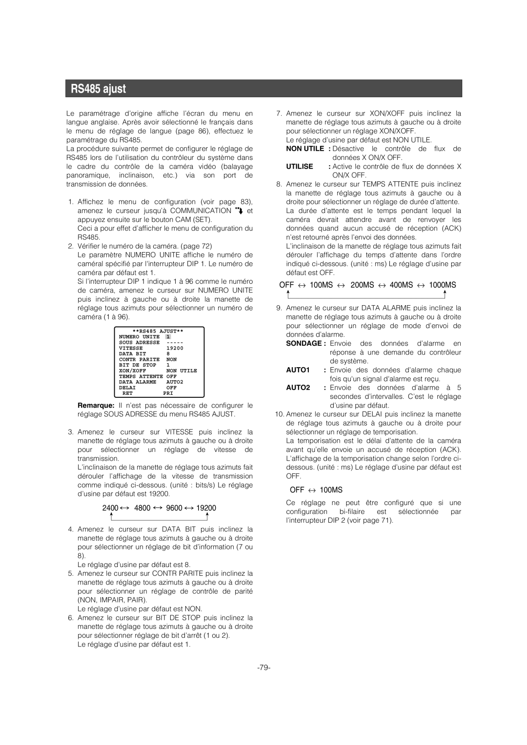 Panasonic WV-CW974 operating instructions RS485 ajust, Utilise, Active le contrôle de flux de données, On/X Off 