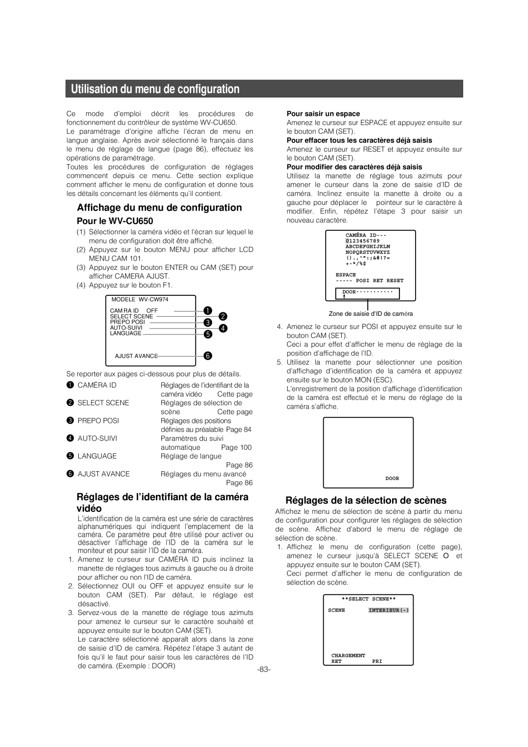 Panasonic WV-CW974 Utilisation du menu de configuration, Affichage du menu de configuration, Pour le WV-CU650 