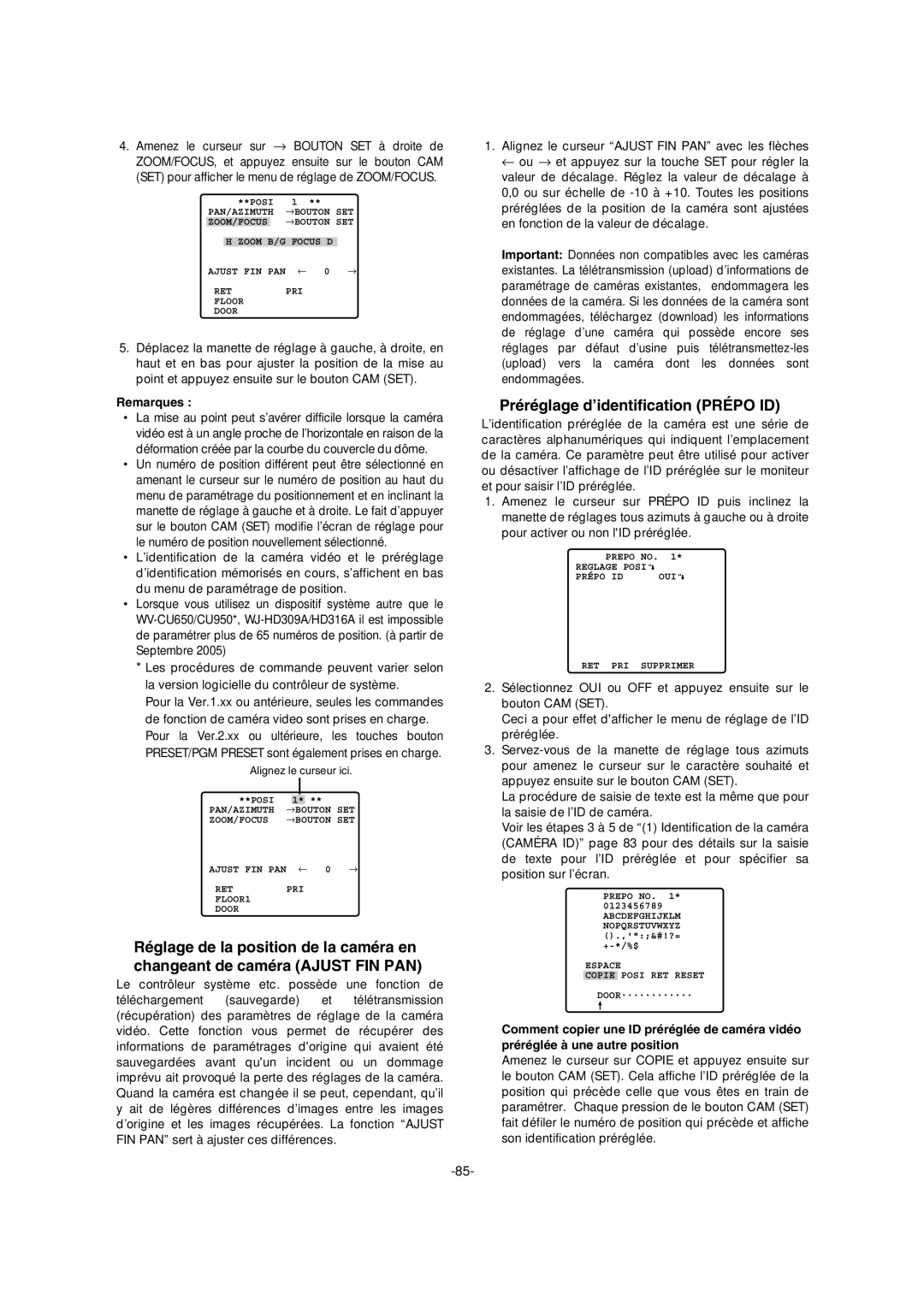 Panasonic WV-CW974 operating instructions Préréglage d’identification Prépo ID, Remarques 