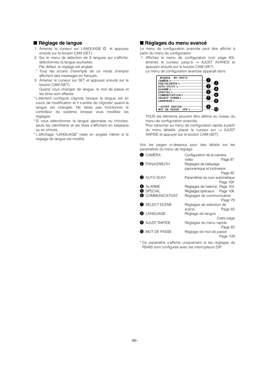 Panasonic WV-CW974 operating instructions Réglage de langue, Réglages du menu avancé, 0MOT DE Passe 