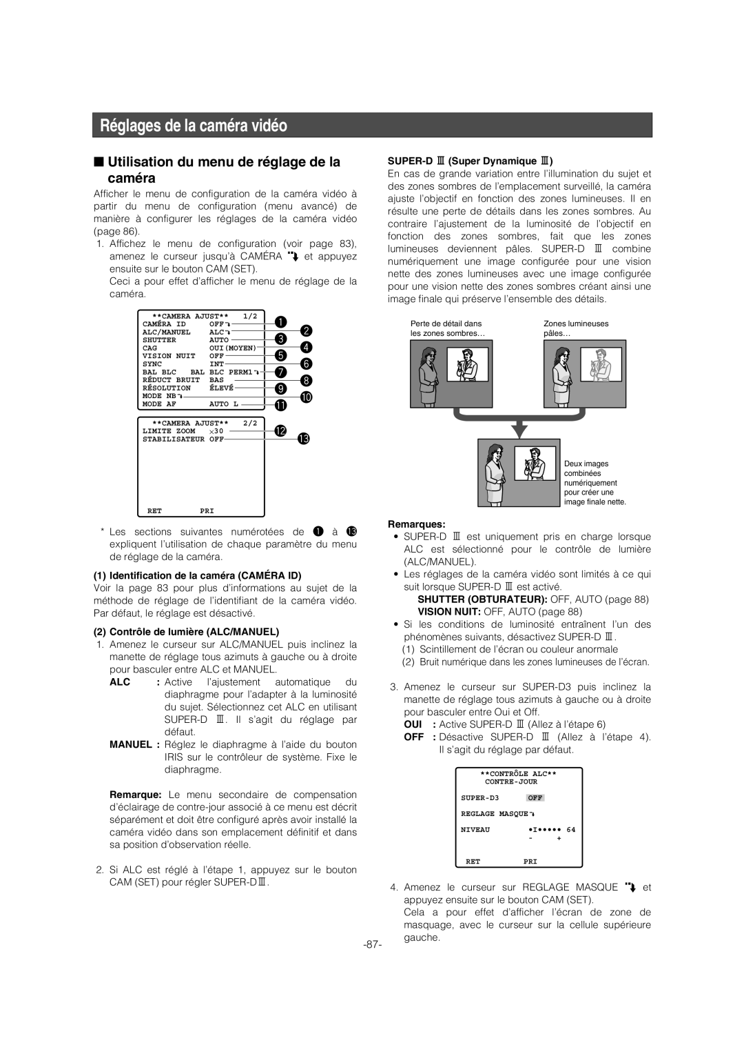 Panasonic WV-CW974 operating instructions Réglages de la caméra vidéo, Utilisation du menu de réglage de la Caméra, Oui 