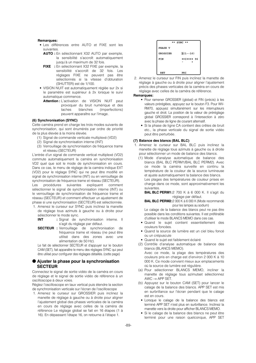 Panasonic WV-CW974 Ajuster la phase pour la synchronisation, Synchronisation Sync, Int, Balance des blancs BAL BLC 