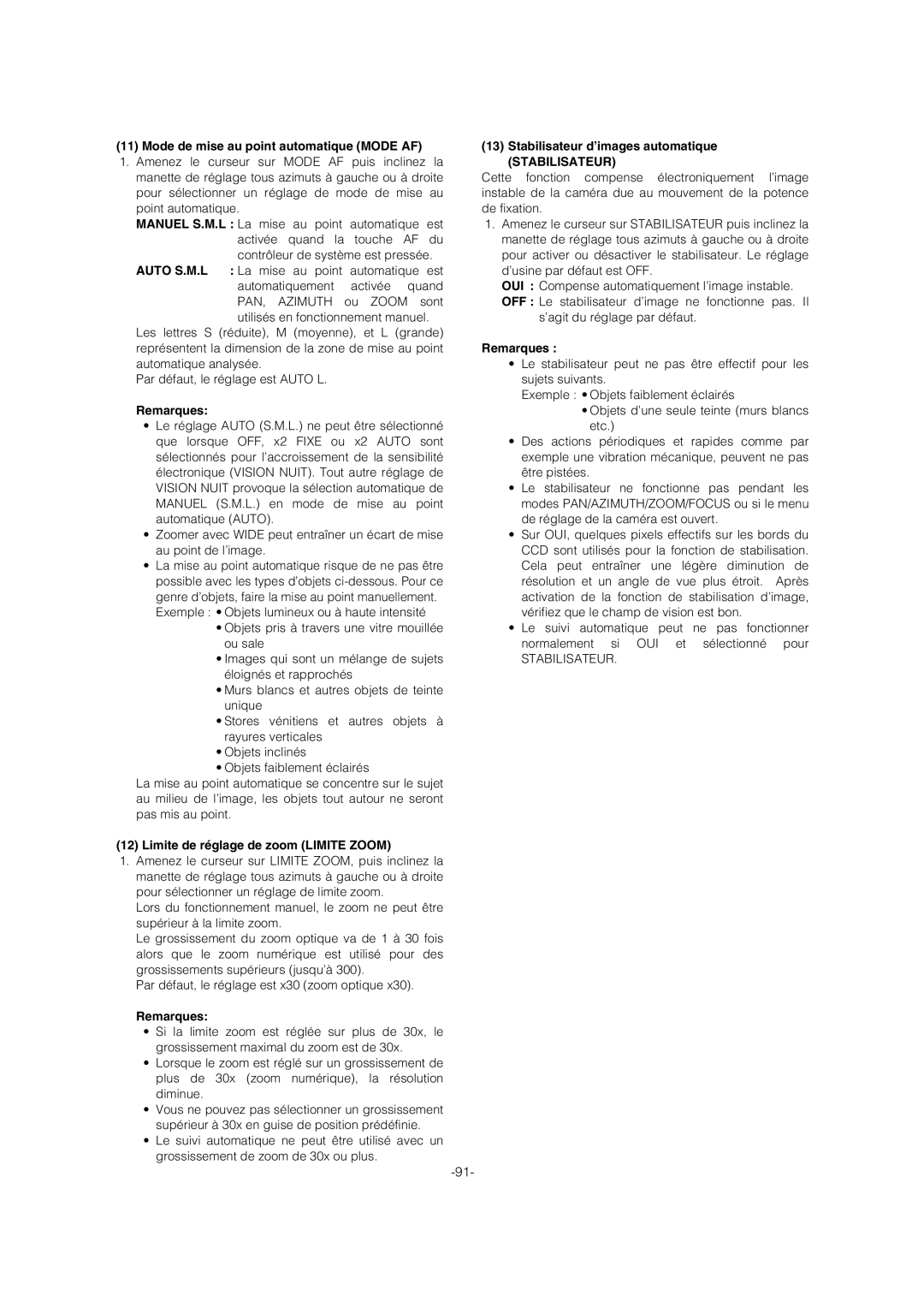 Panasonic WV-CW974 Mode de mise au point automatique Mode AF, Limite de réglage de zoom Limite Zoom, Stabilisateur 