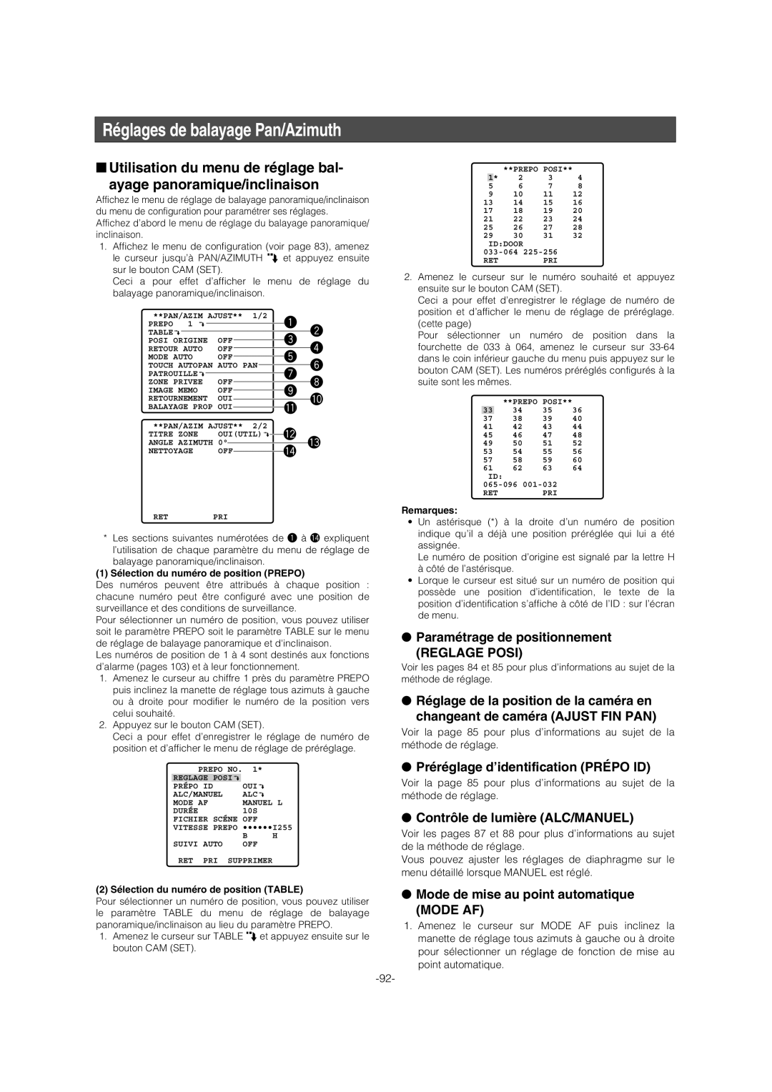 Panasonic WV-CW974 operating instructions Réglages de balayage Pan/Azimuth, Contrôle de lumière ALC/MANUEL 