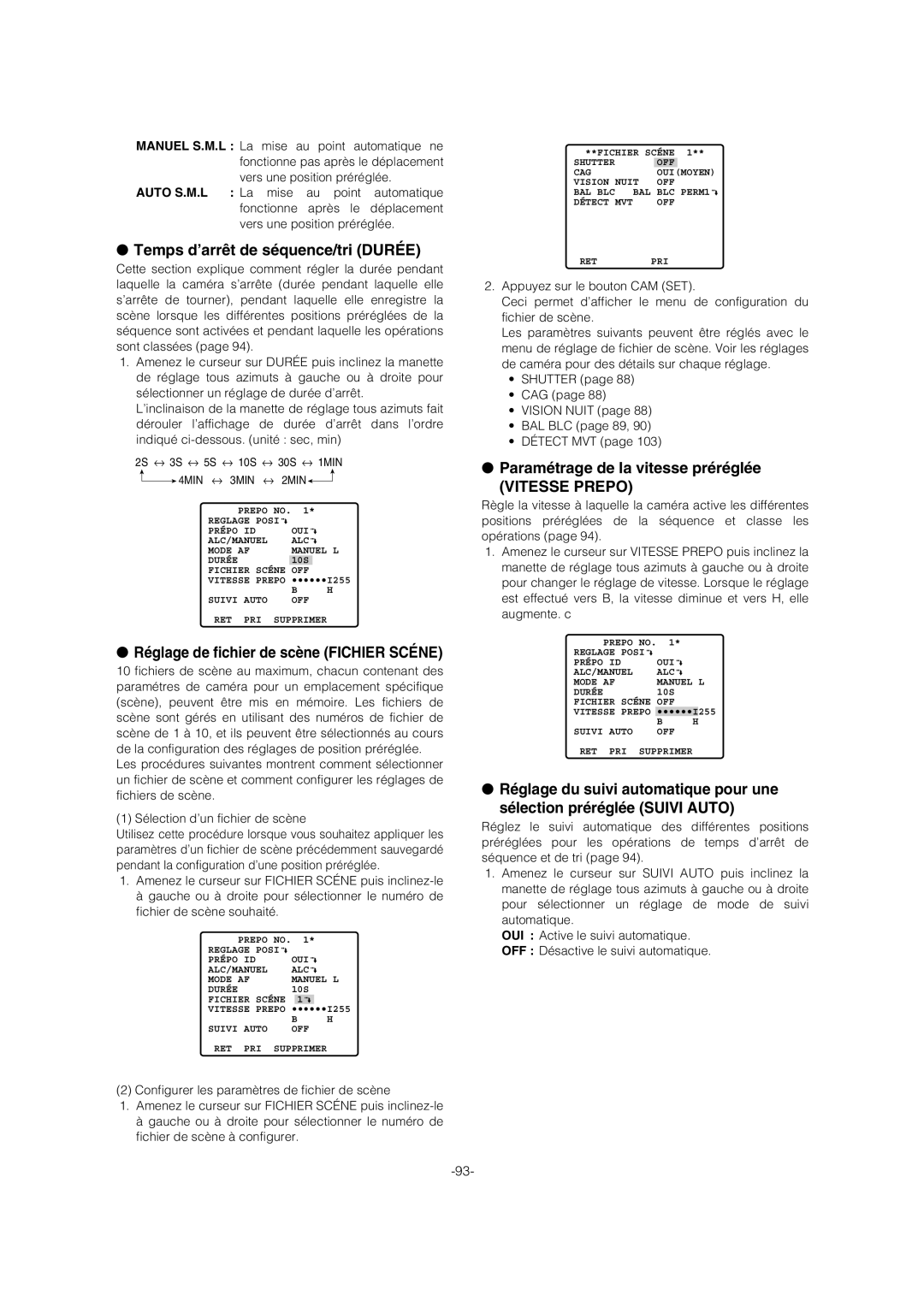 Panasonic WV-CW974 operating instructions Temps d’arrêt de séquence/tri Durée, Réglage de fichier de scène Fichier Scéne 