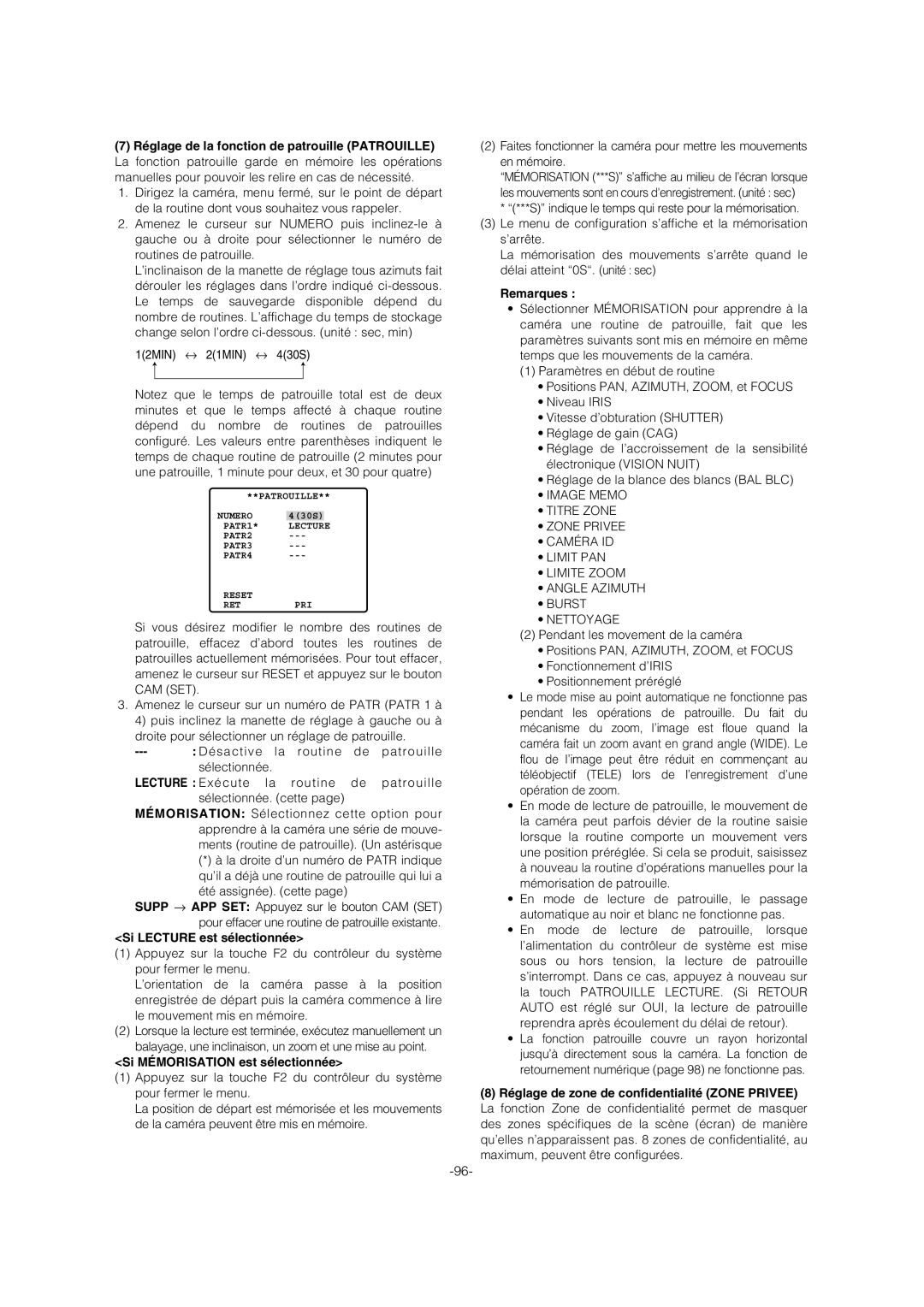 Panasonic WV-CW974 operating instructions Si Lecture est sélectionnée, Si Mémorisation est sélectionnée 