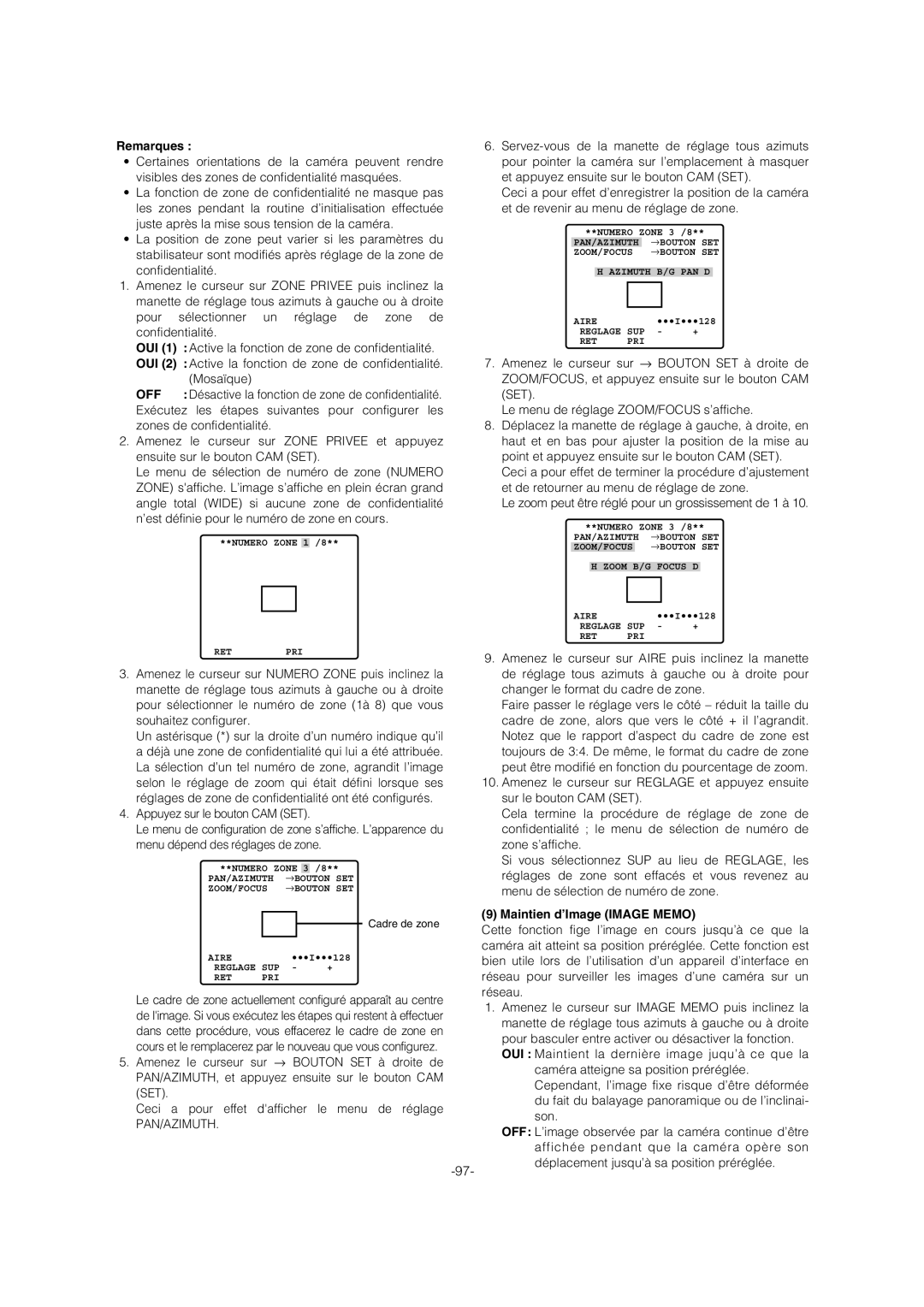 Panasonic WV-CW974 operating instructions Pan/Azimuth, Maintien d’Image Image Memo 