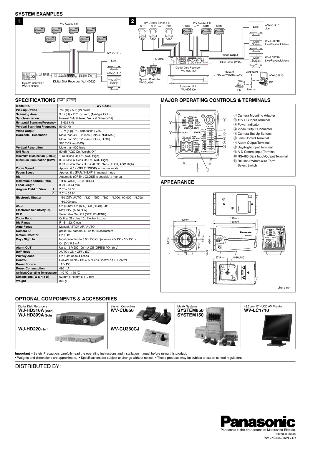 Panasonic WV-CZ352 manual System Examples, Specifications PAL Ccir, Major Operating Controls & Terminals, Appearance 