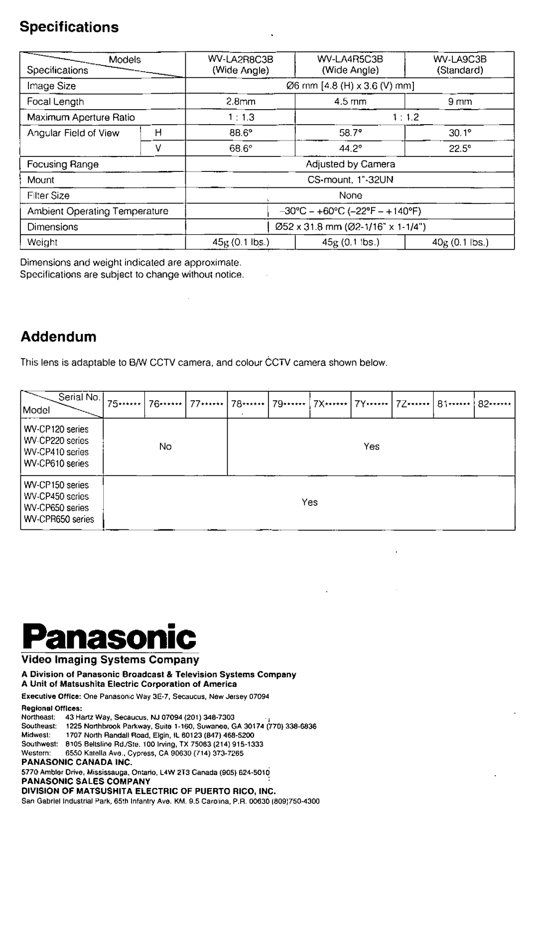 Panasonic WV-LA2R8C3B, Wv-La4r5c3b, WV-LA9C3B manual 