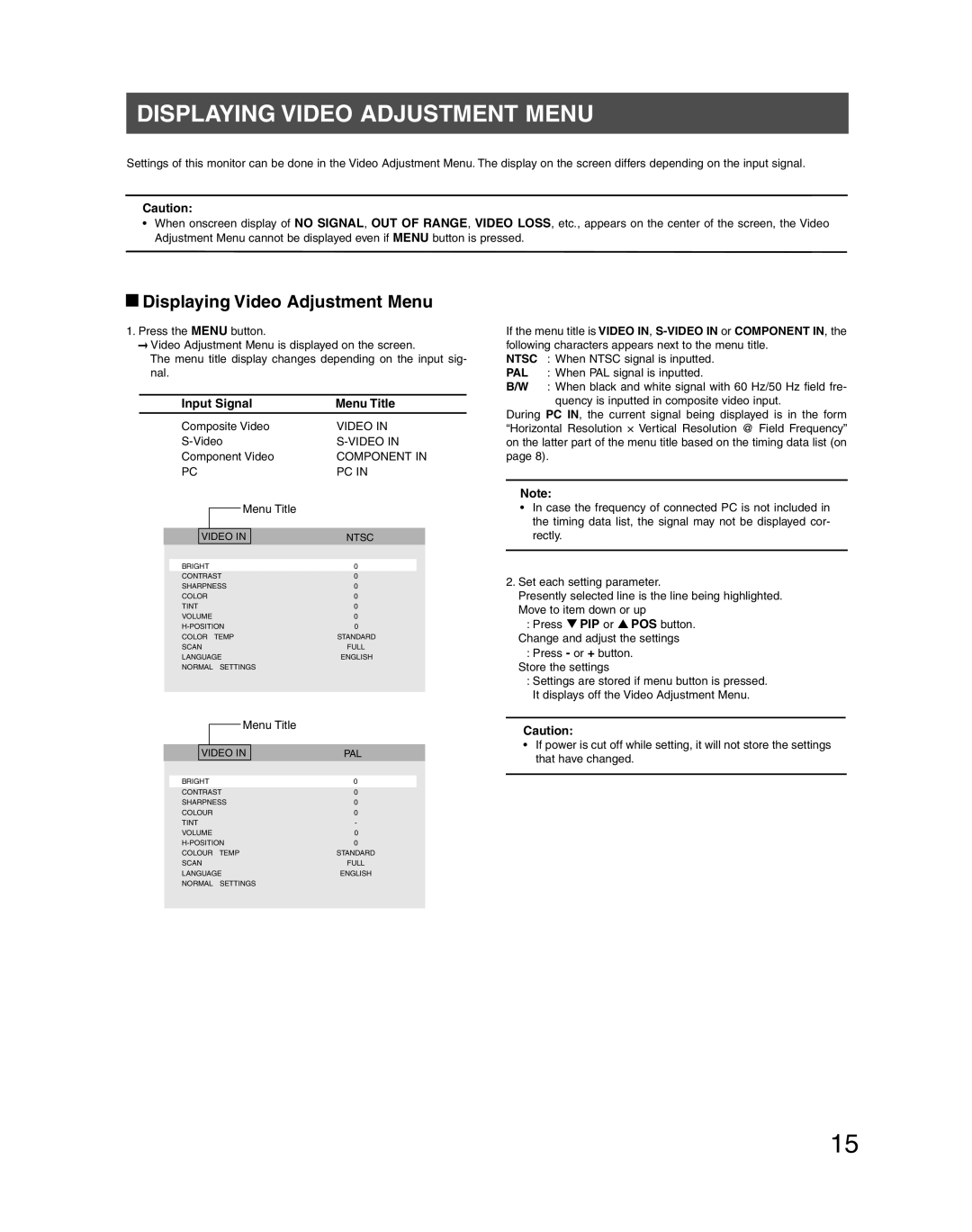 Panasonic WV-LC1710 operating instructions Displaying Video Adjustment Menu, Input Signal Menu Title 