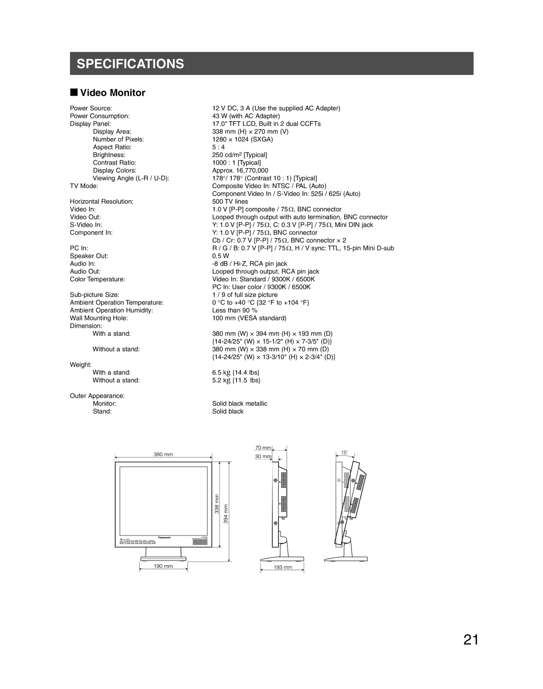 Panasonic WV-LC1710 operating instructions Specifications, Video Monitor 