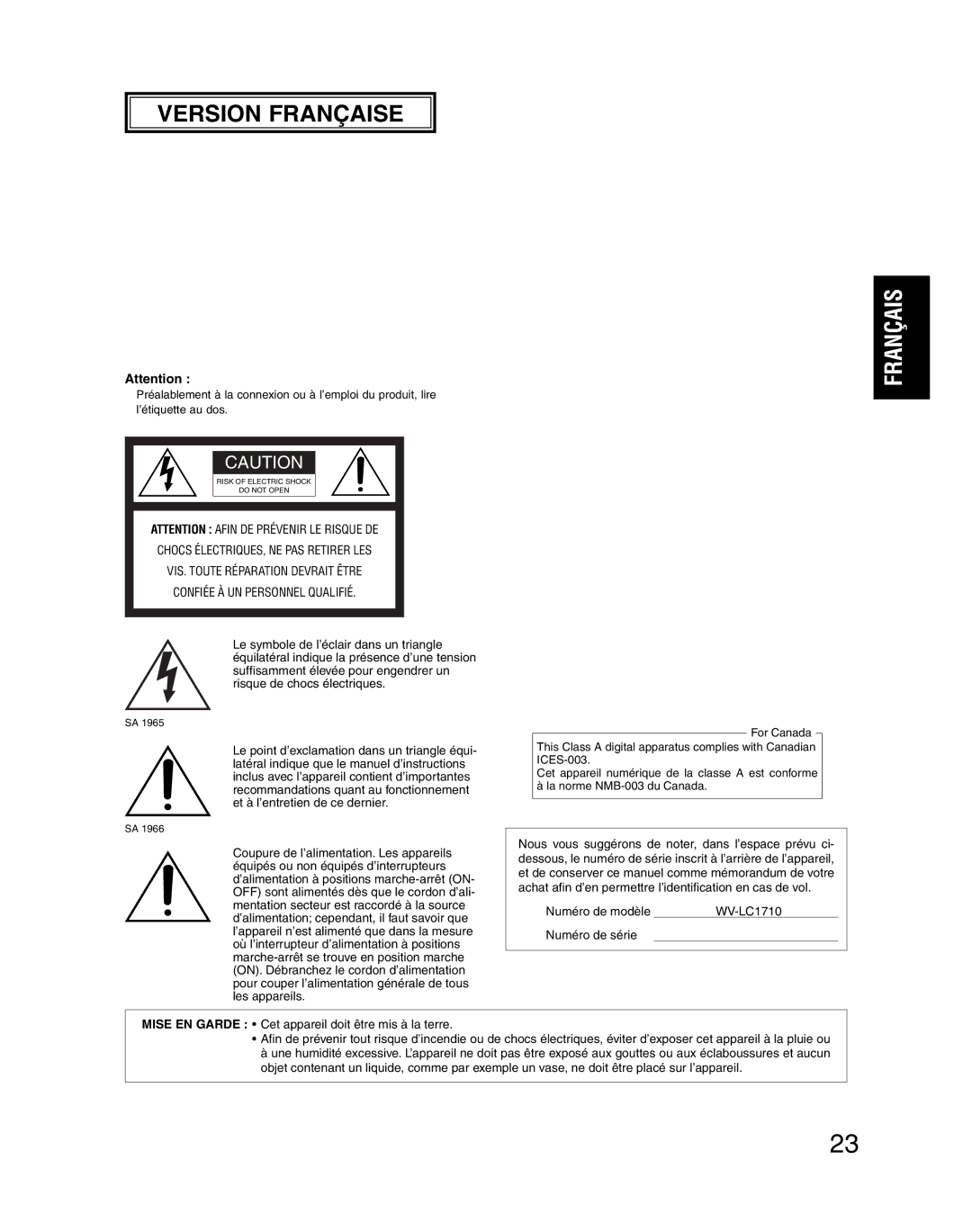 Panasonic WV-LC1710 operating instructions Version Française 