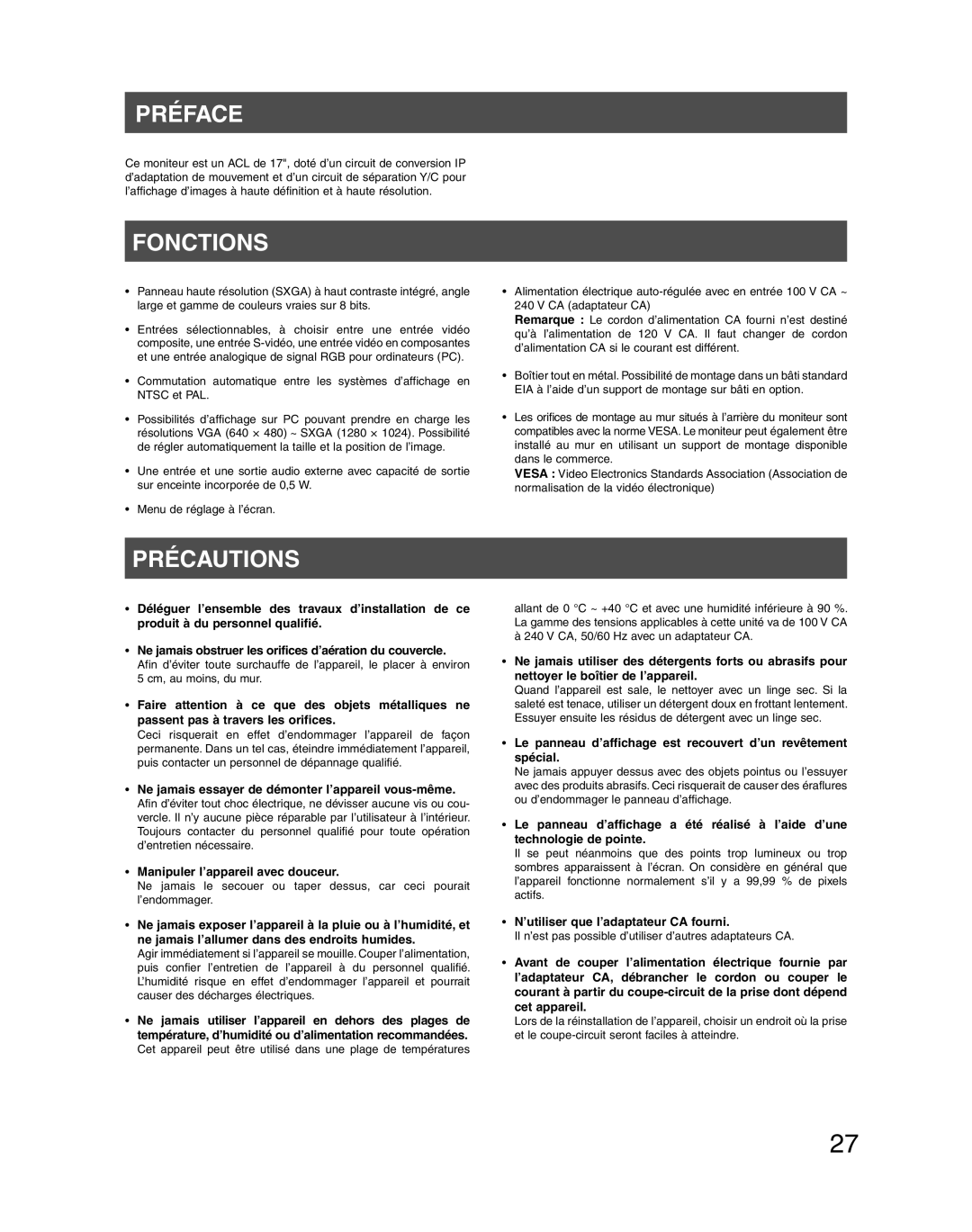 Panasonic WV-LC1710 operating instructions Préface, Fonctions, Précautions, ’utiliser que l’adaptateur CA fourni 