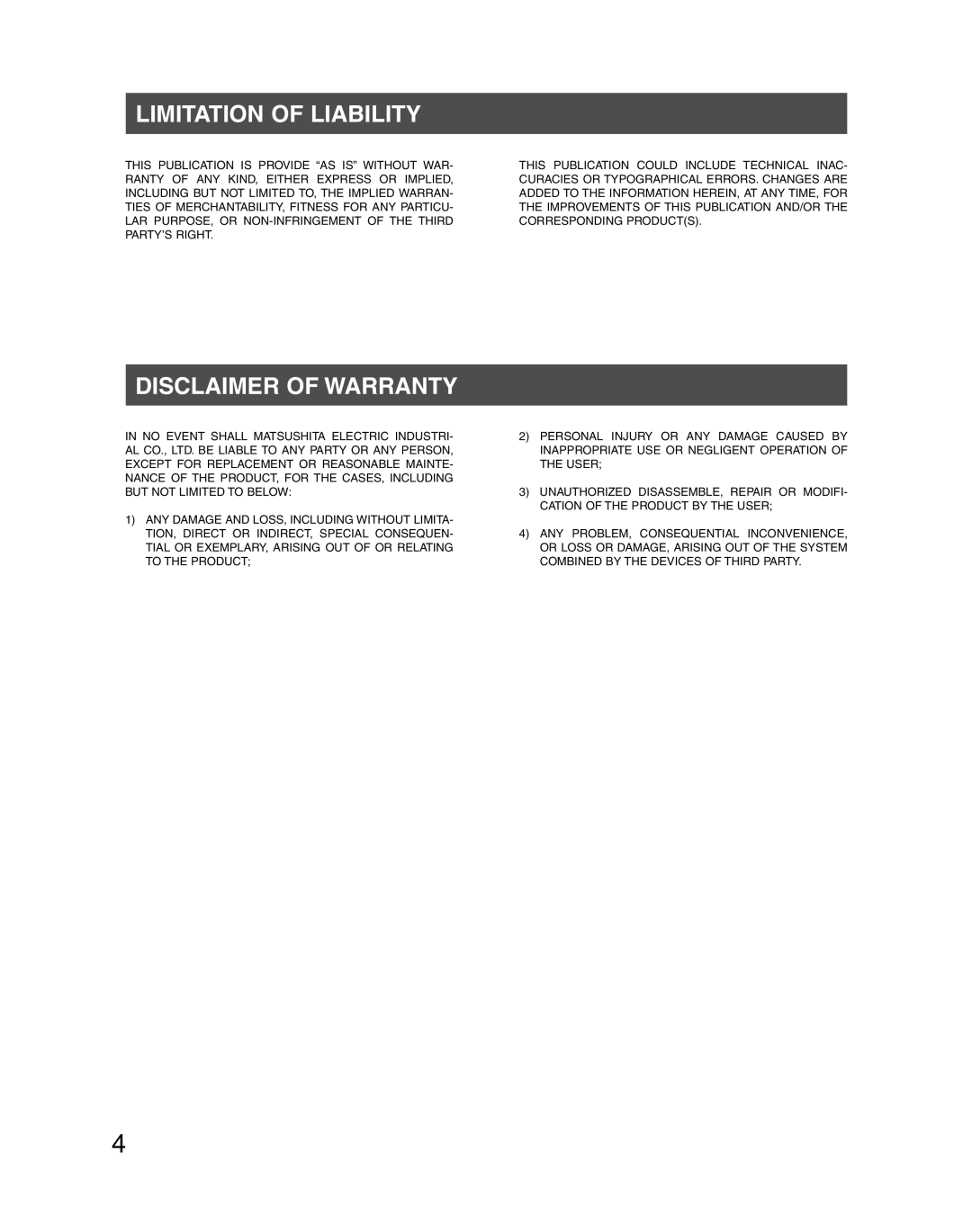 Panasonic WV-LC1710 operating instructions Limitation of Liability, Disclaimer of Warranty 