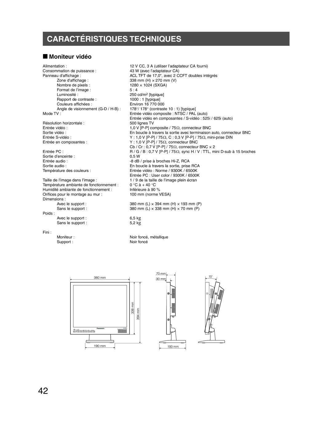 Panasonic WV-LC1710 operating instructions Caractéristiques Techniques, Moniteur vidéo 