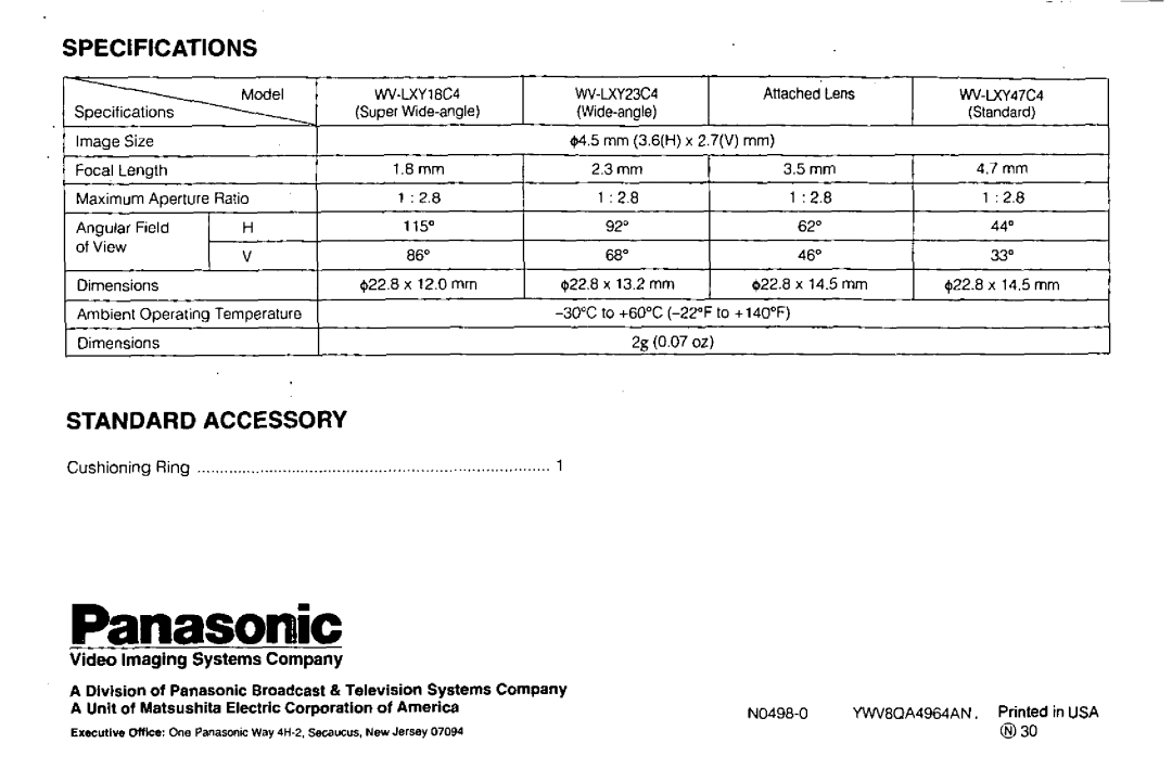 Panasonic WV-LXY47C4, WV-LXY18C4, WV-LXY23C4 manual 