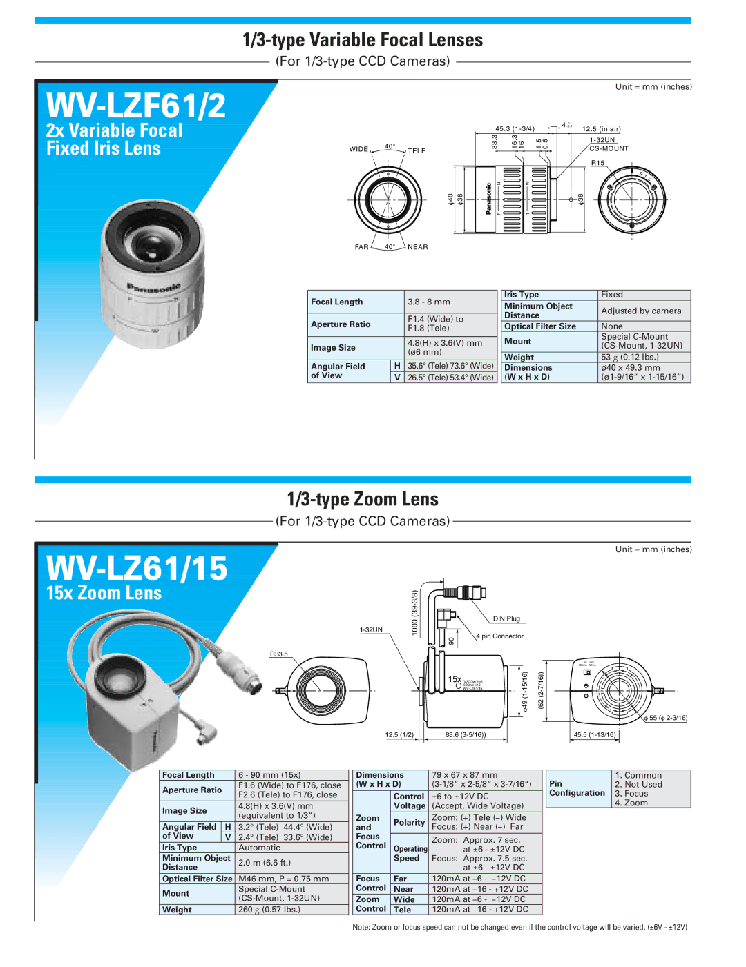 Panasonic WV-LZ61/15, WV-LZ61/2 dimensions WV-LZF61/2, 15x Zoom Lens, 2x Variable Focal Fixed Iris Lens, 1000 39-3/8 