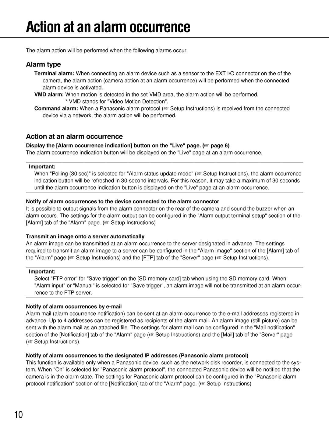 Panasonic WV-NF302 manual Action at an alarm occurrence, Alarm type, Transmit an image onto a server automatically 