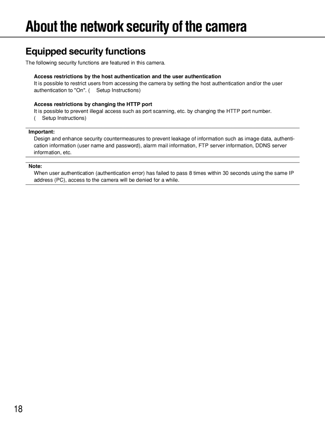 Panasonic WV-NF302 manual About the network security of the camera, Equipped security functions 