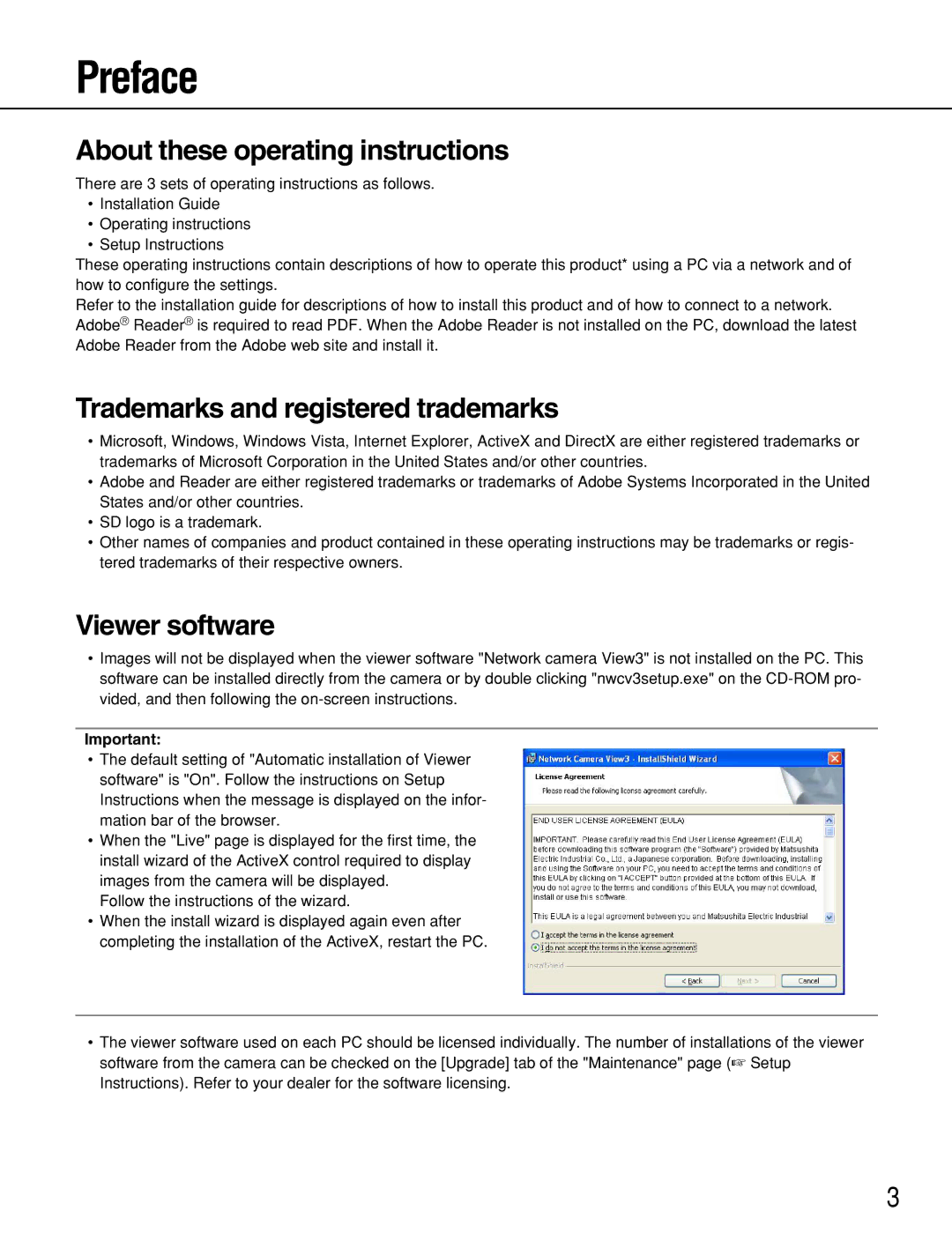 Panasonic WV-NF302 Preface, About these operating instructions, Trademarks and registered trademarks, Viewer software 