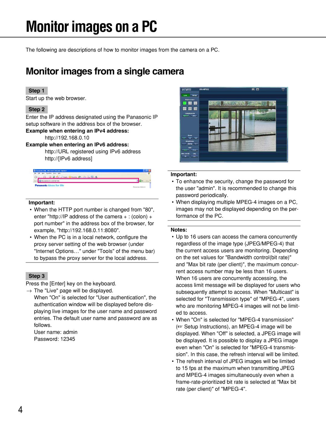 Panasonic WV-NF302 manual Monitor images on a PC, Monitor images from a single camera, Step 