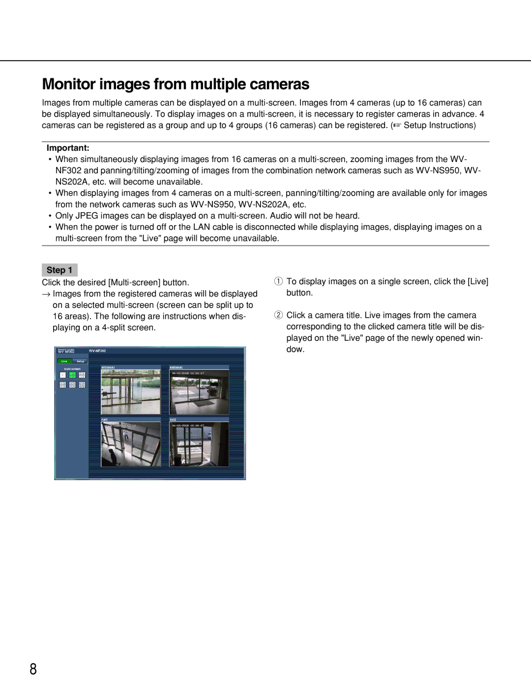 Panasonic WV-NF302 manual Monitor images from multiple cameras, Step 