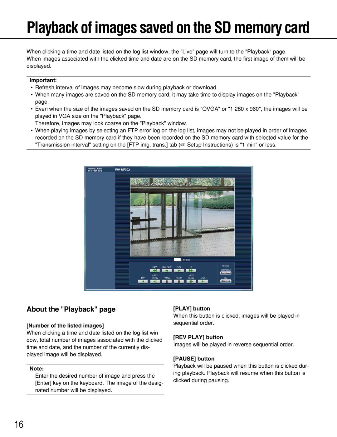 Panasonic WV-NF302 About the Playback, Number of the listed images, REV Play button, Pause button 