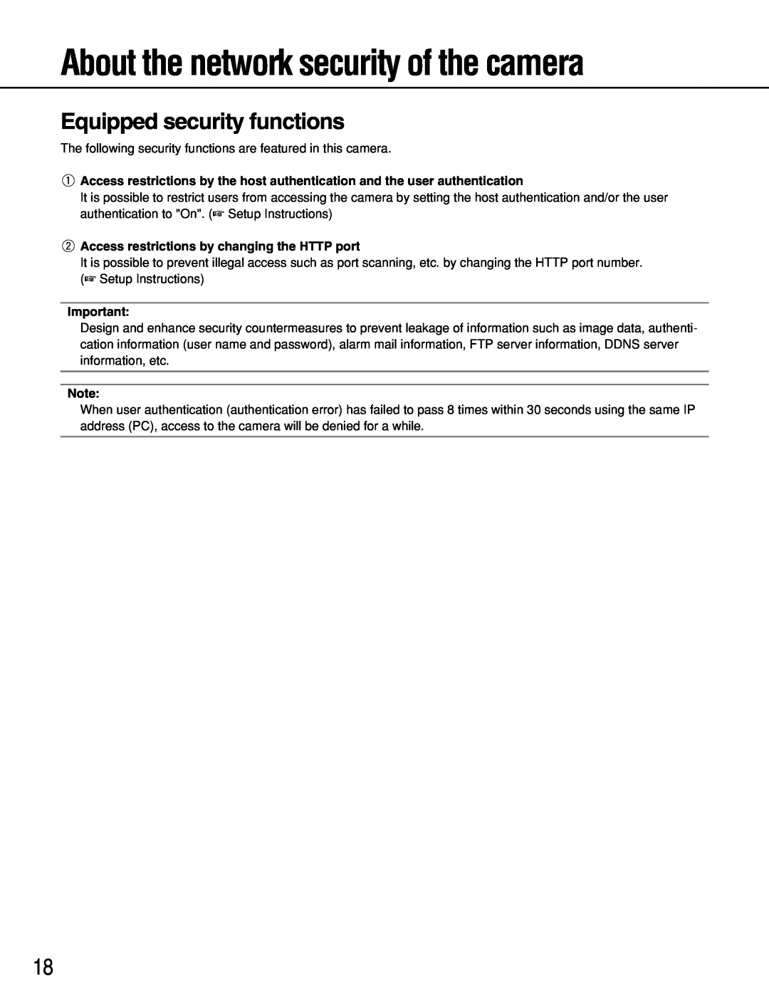 Panasonic WV-NF302 manual About the network security of the camera, Equipped security functions 