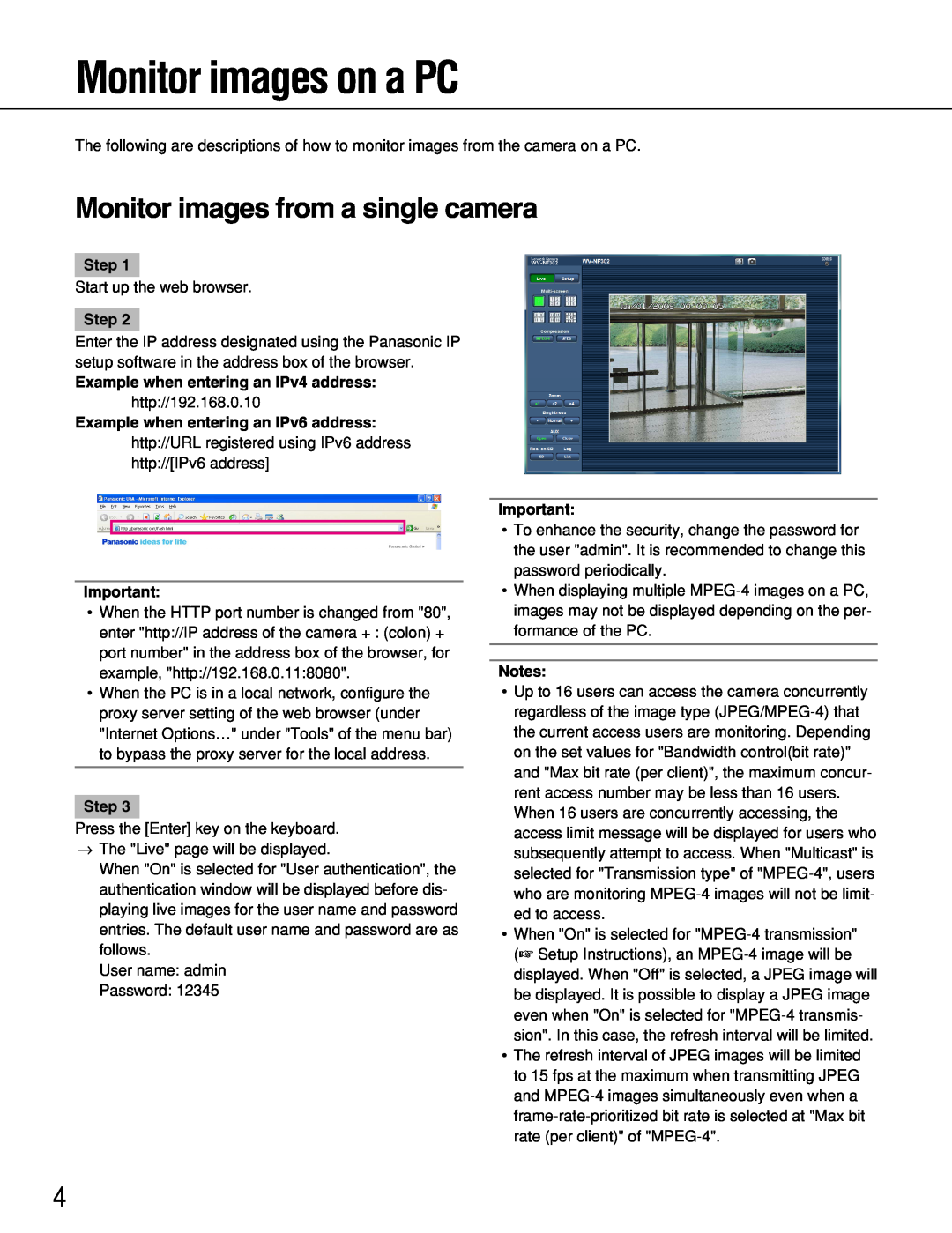 Panasonic WV-NF302 manual Monitor images on a PC, Monitor images from a single camera 
