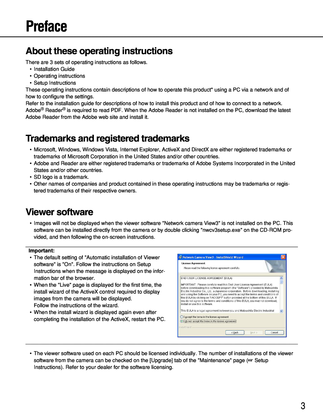 Panasonic WV-NF302 Preface, About these operating instructions, Trademarks and registered trademarks, Viewer software 