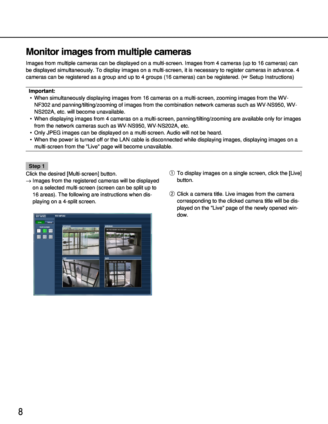 Panasonic WV-NF302 operating instructions Monitor images from multiple cameras 
