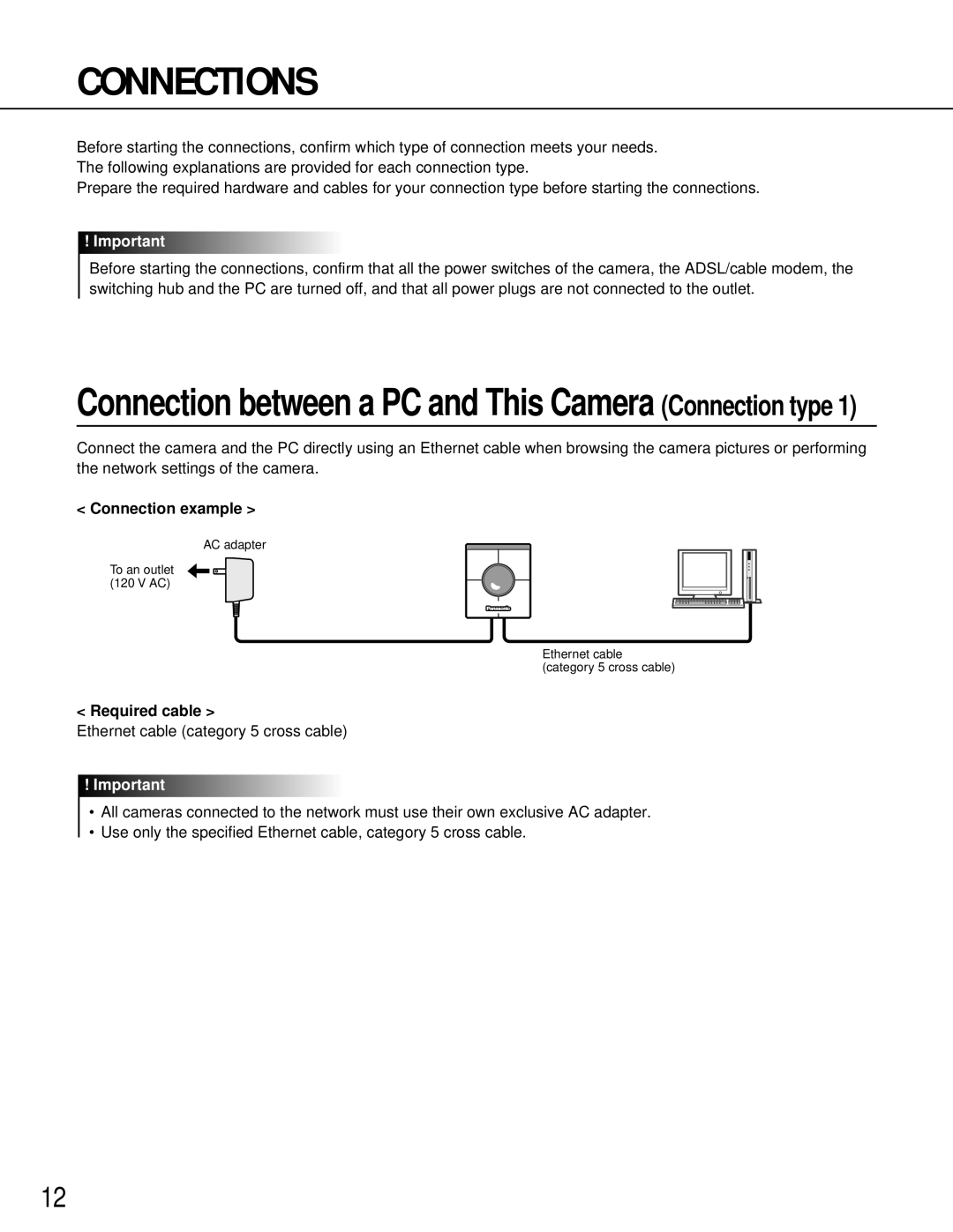 Panasonic WV-NM100 operating instructions Connections, Connection example, Required cable 