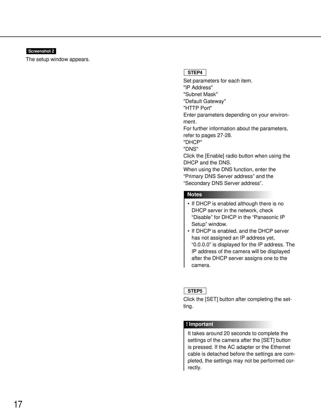 Panasonic WV-NM100 operating instructions Dhcp DNS 