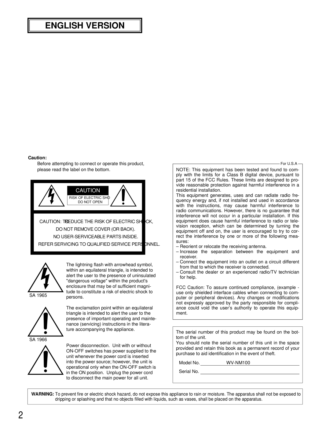 Panasonic WV-NM100 operating instructions English Version 