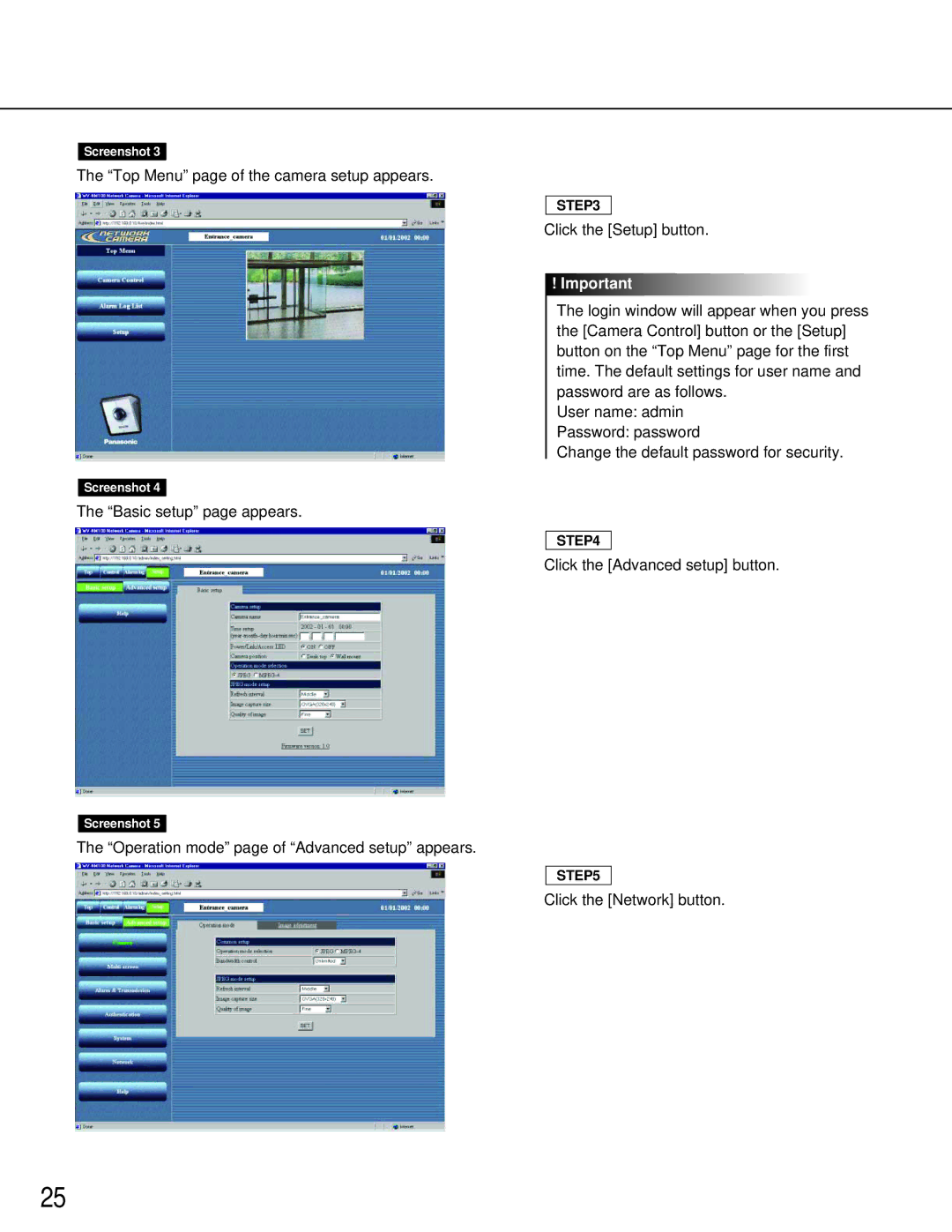 Panasonic WV-NM100 operating instructions Basic setup page appears Click the Advanced setup button 