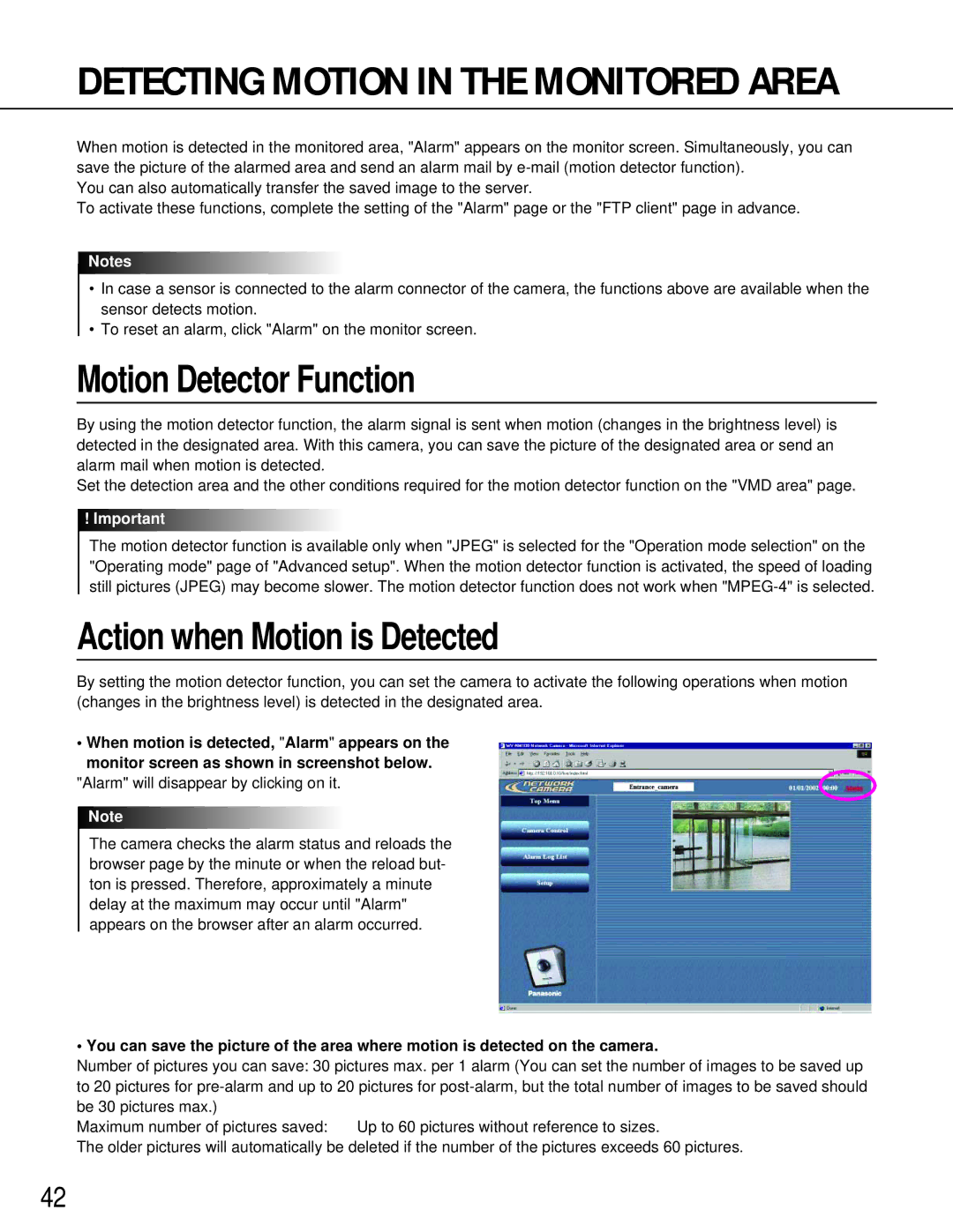 Panasonic WV-NM100 operating instructions Motion Detector Function, Action when Motion is Detected 