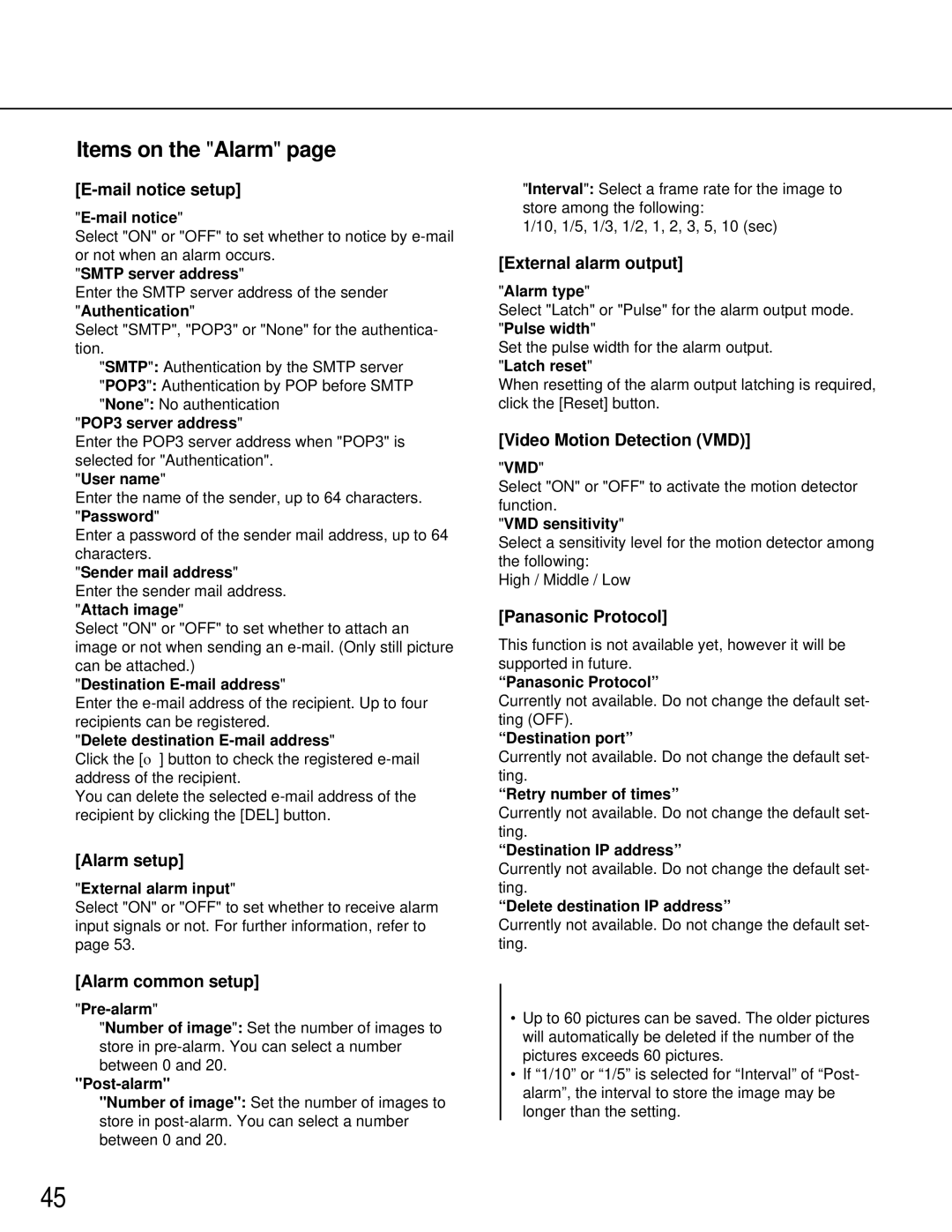 Panasonic WV-NM100 Mail notice, Smtp server address, User name, Sender mail address, Destination E-mail address, Pre-alarm 