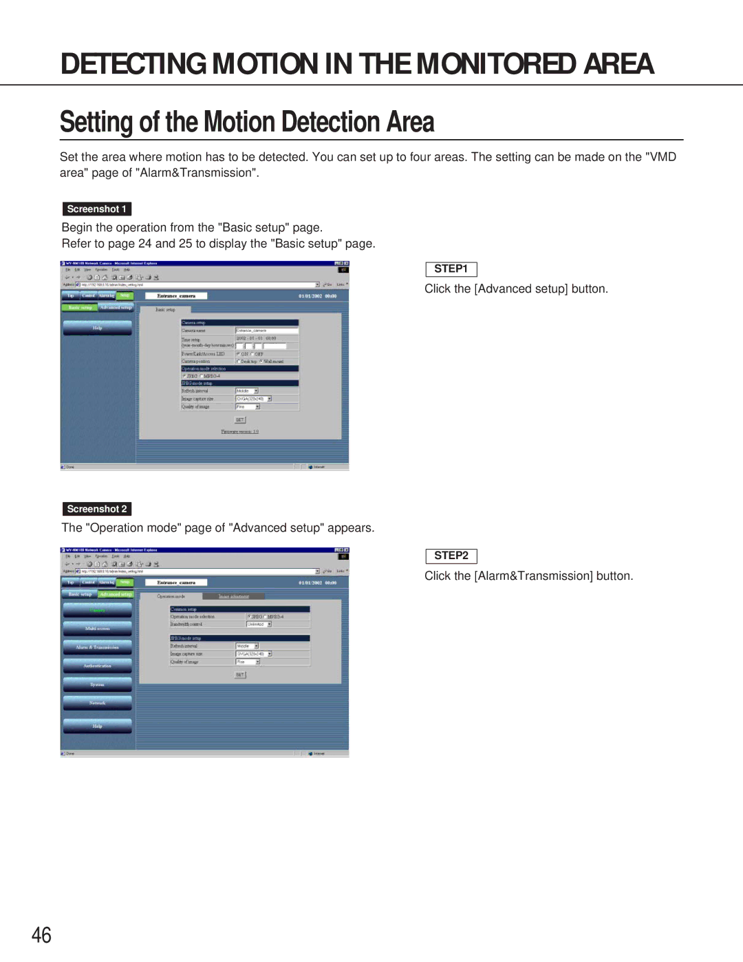 Panasonic WV-NM100 operating instructions Setting of the Motion Detection Area 