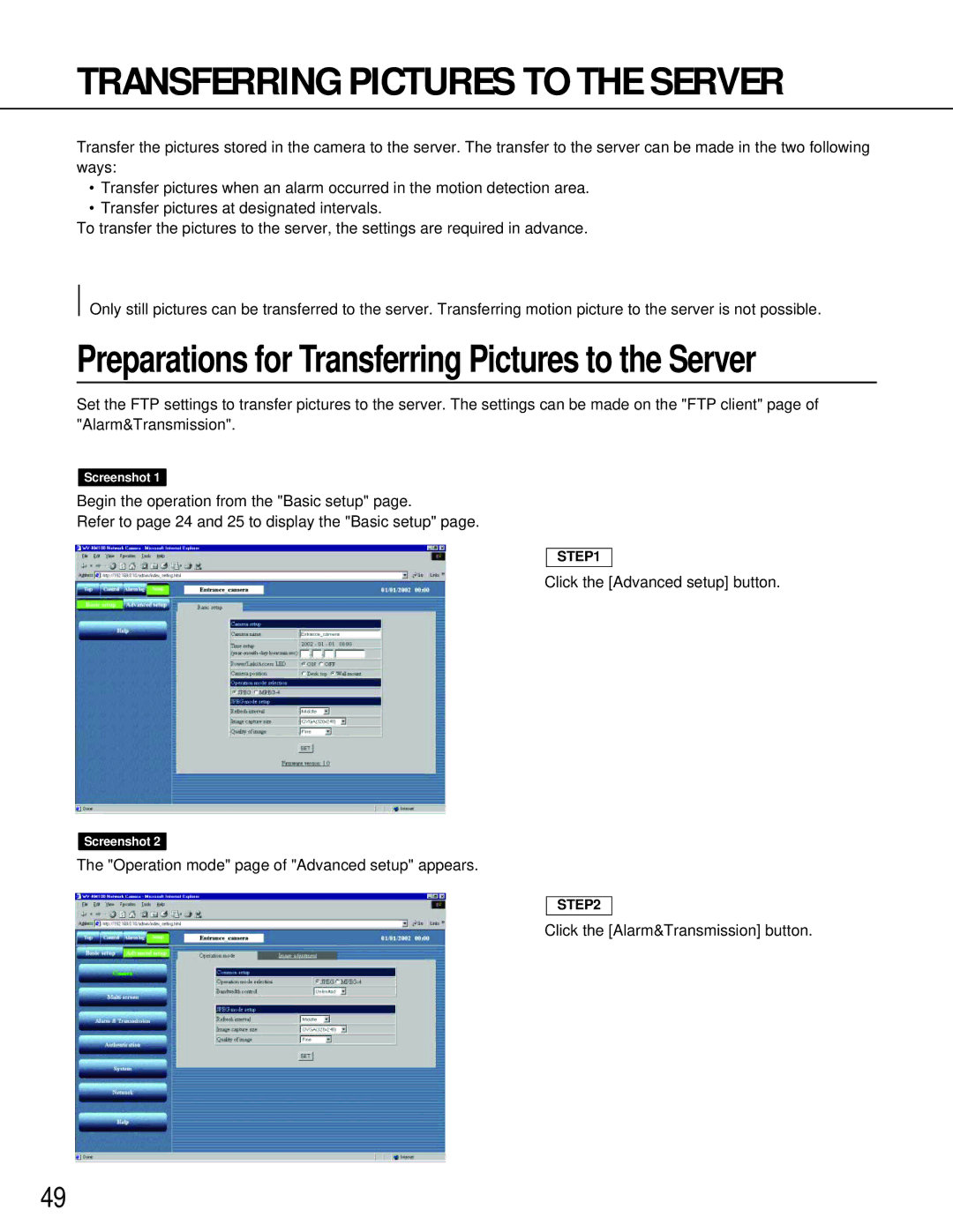 Panasonic WV-NM100 operating instructions Transferring Pictures to the Server 