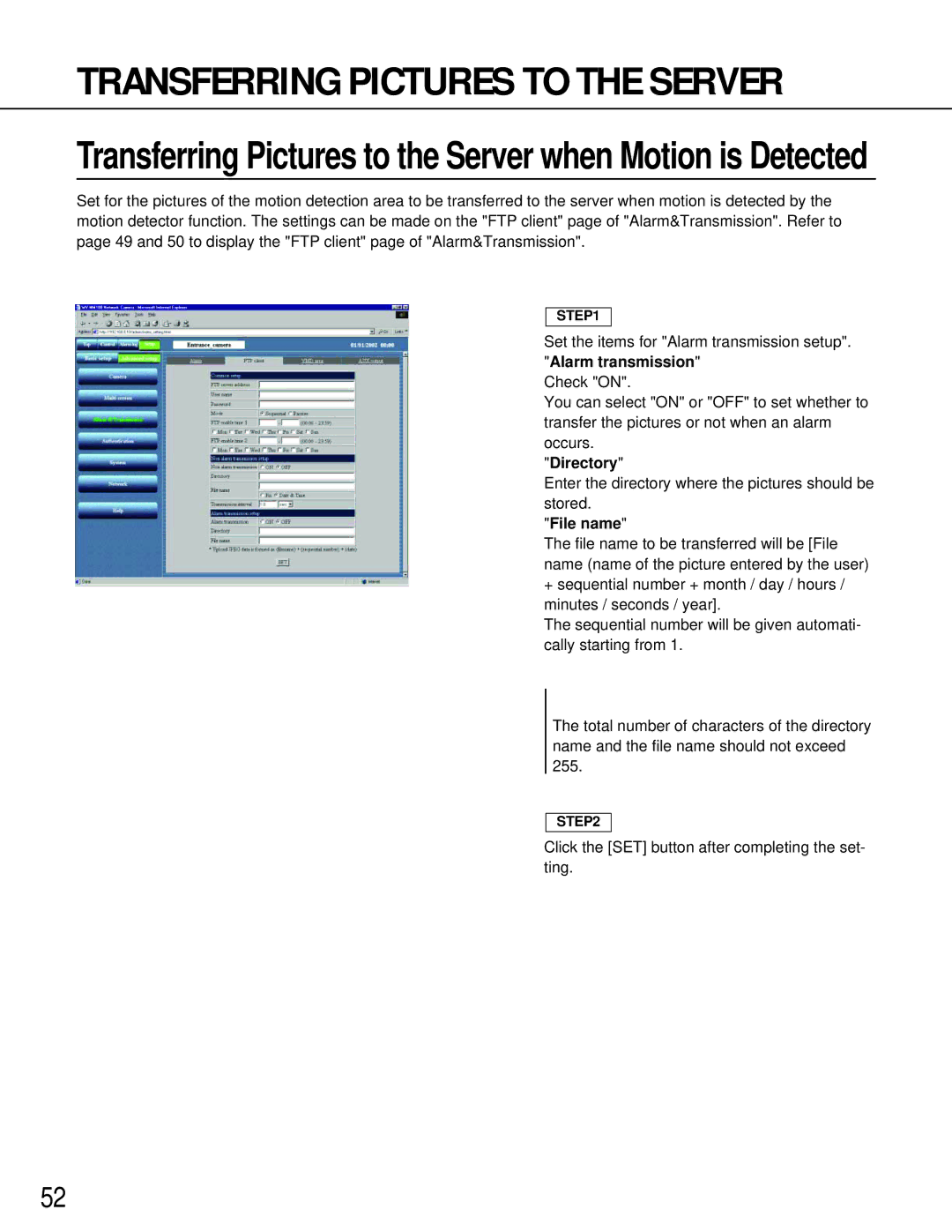 Panasonic WV-NM100 operating instructions Transferring Pictures to the Server when Motion is Detected 