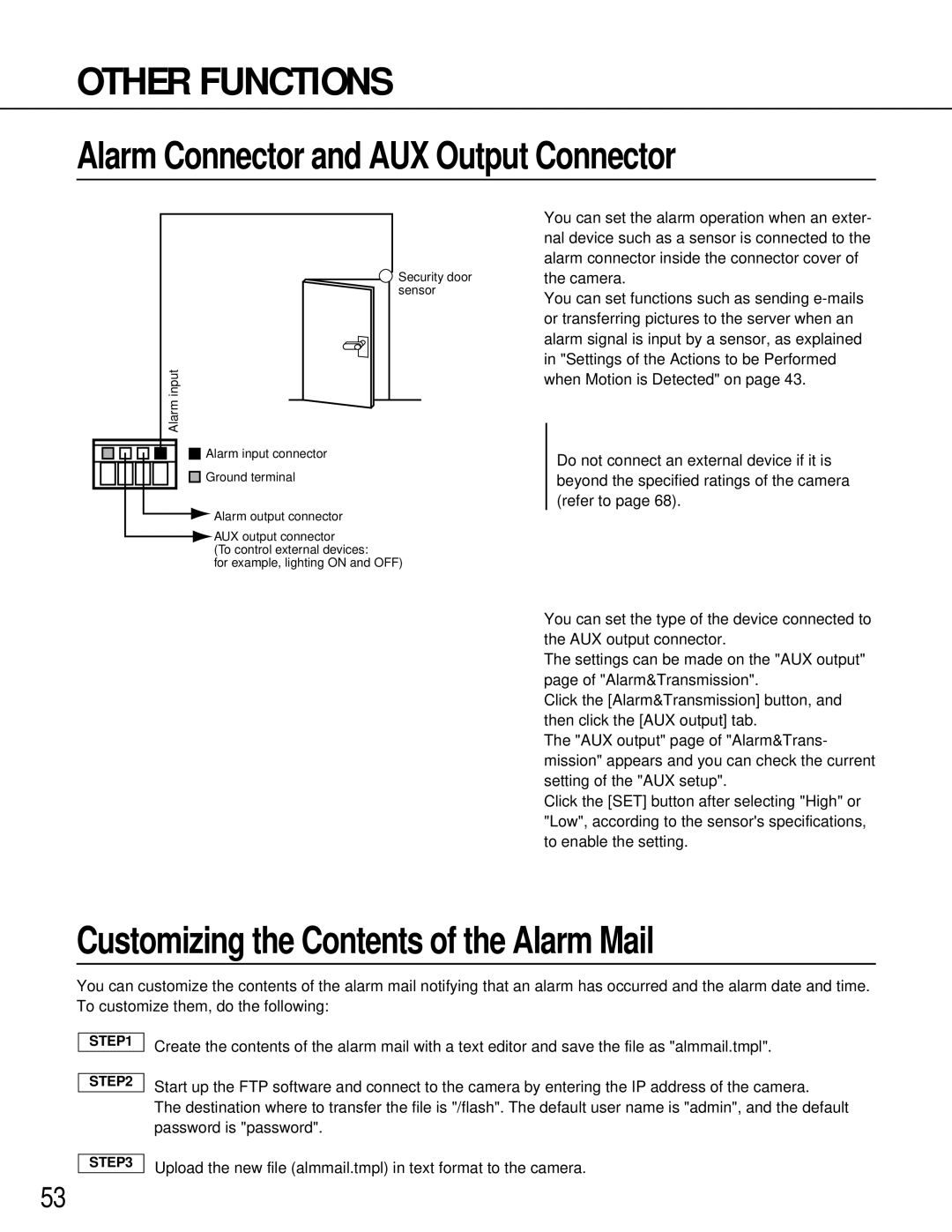 Panasonic WV-NM100 Other Functions, Alarm Connector and AUX Output Connector, Customizing the Contents of the Alarm Mail 