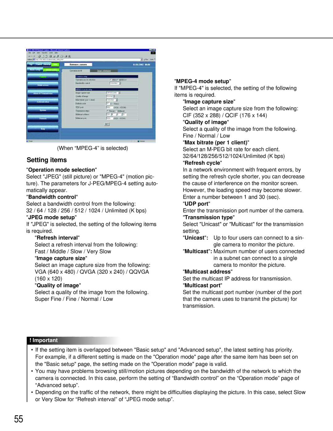 Panasonic WV-NM100 Operation mode selection, Bandwidth control, Refresh interval, MPEG-4 mode setup, UDP port 