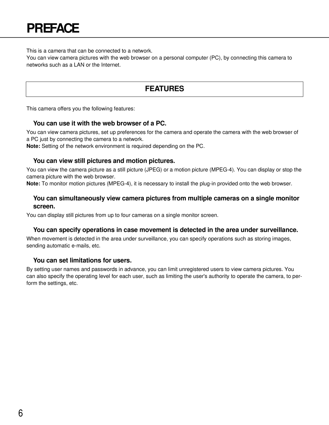 Panasonic WV-NM100 operating instructions Preface, Features 