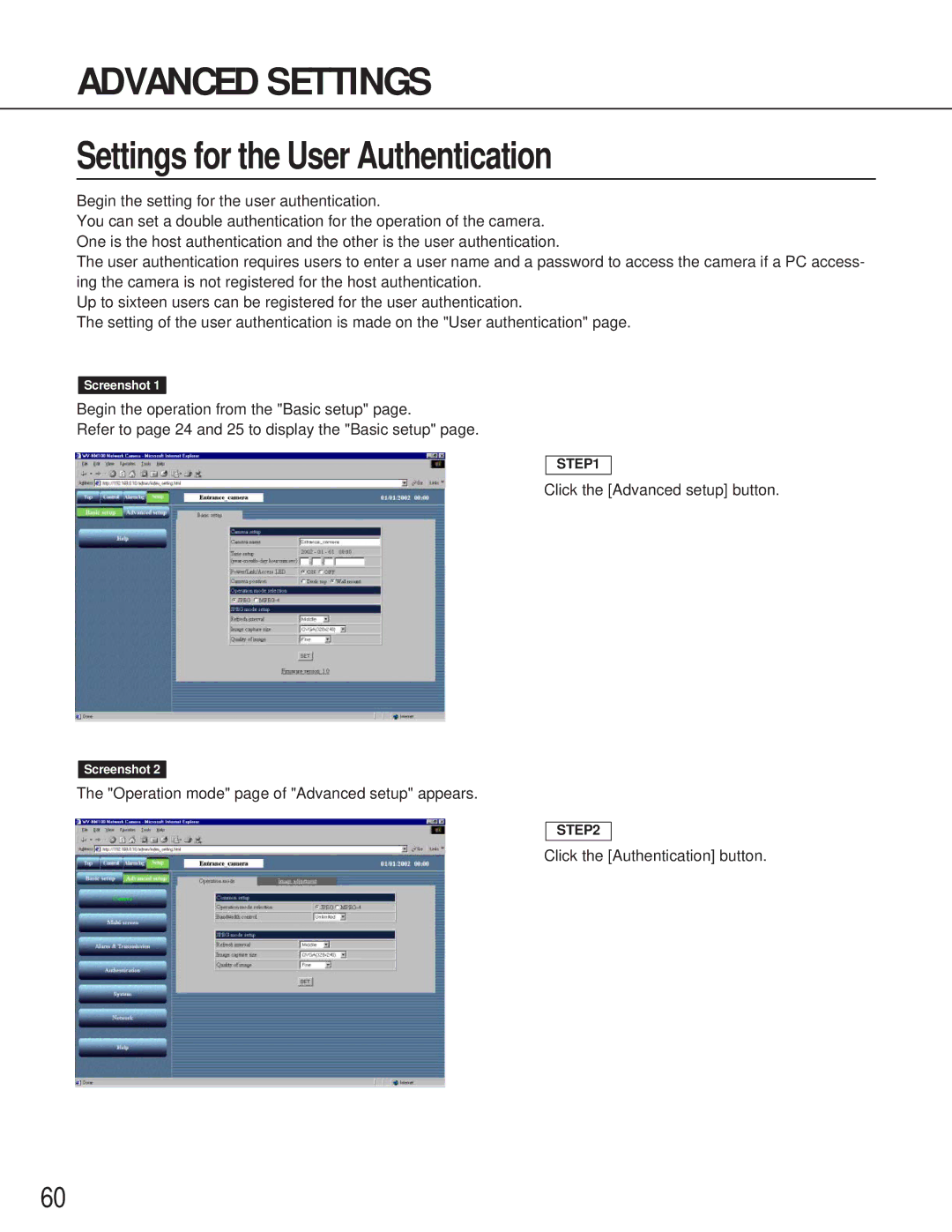 Panasonic WV-NM100 operating instructions Settings for the User Authentication 