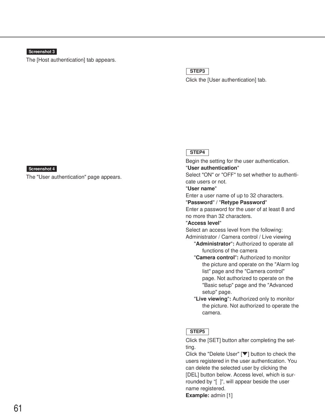 Panasonic WV-NM100 operating instructions User name, Example admin 