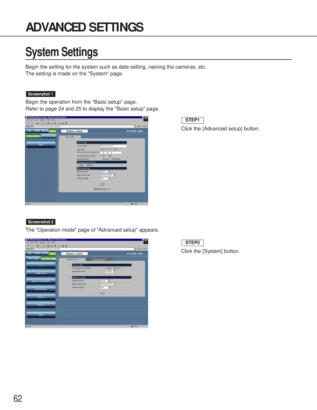 Panasonic WV-NM100 operating instructions System Settings 