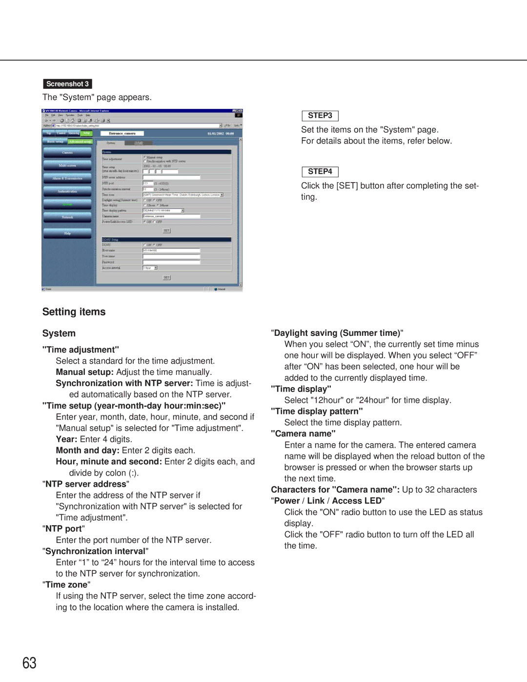 Panasonic WV-NM100 Time adjustment, Synchronization with NTP server Time is adjust, Time setup year-month-day hourminsec 