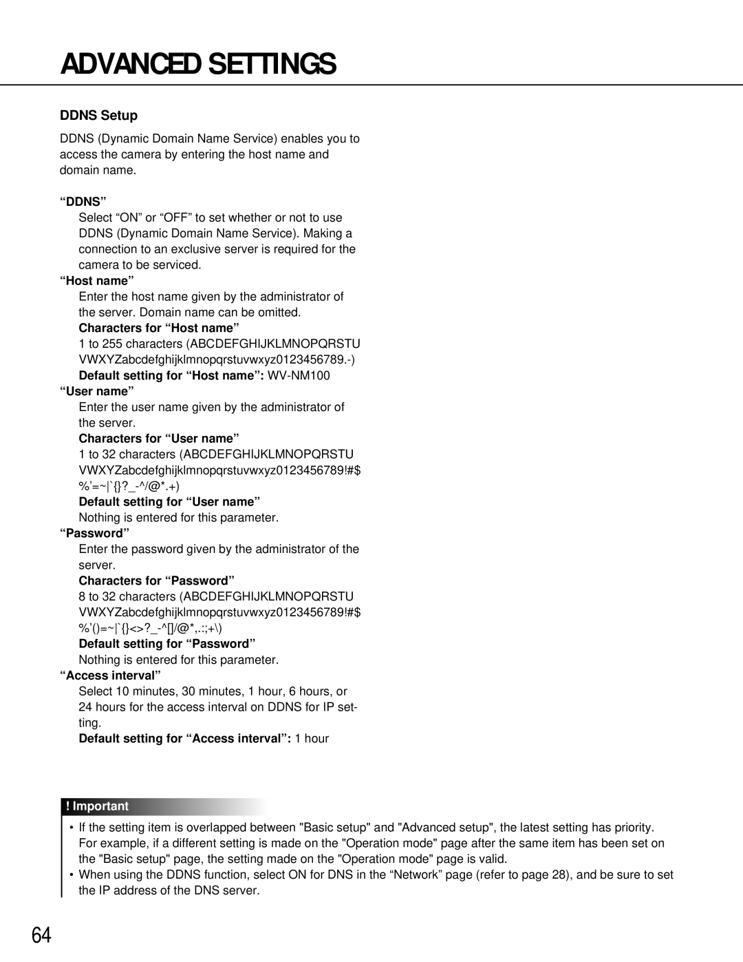 Panasonic Characters for Host name, Default setting for Host name WV-NM100 User name, Characters for User name 