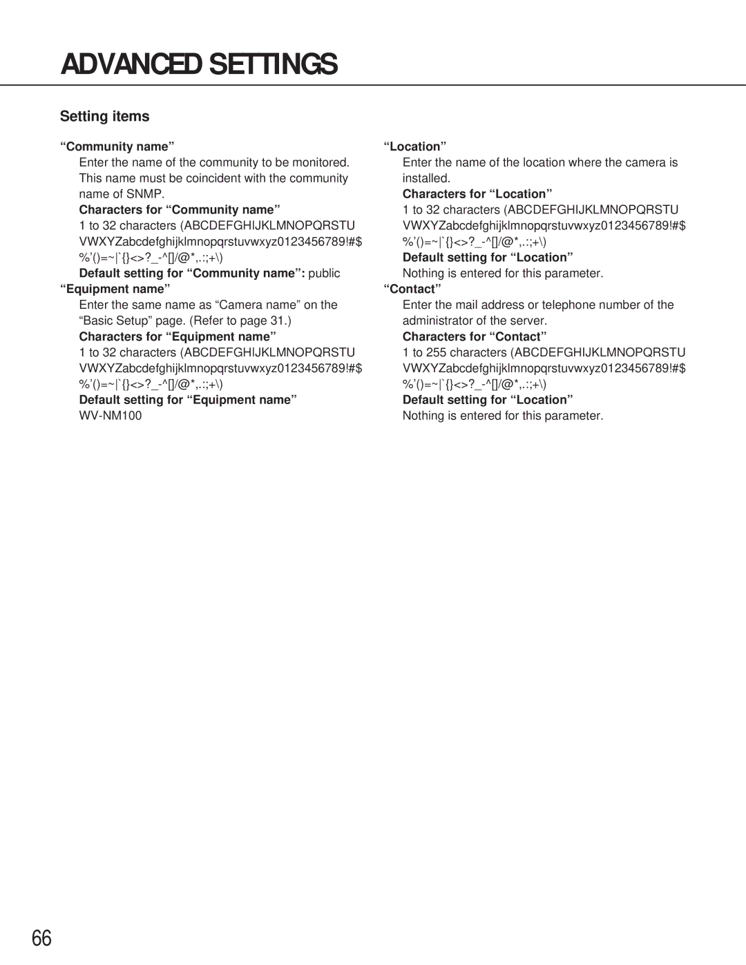 Panasonic WV-NM100 Characters for Community name, Default setting for Community name public Equipment name, Location 